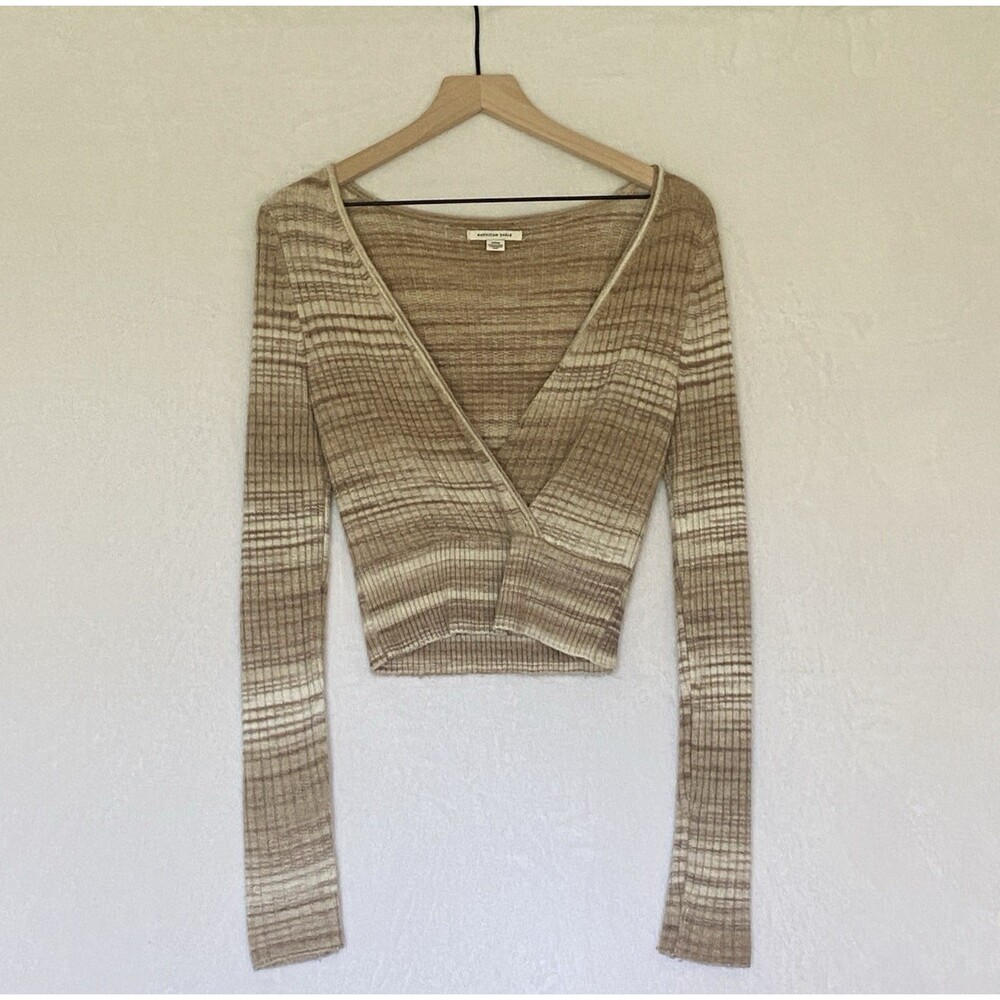 American Eagle Tan Cream Ribbed Cropped Wrap Sweater Size S